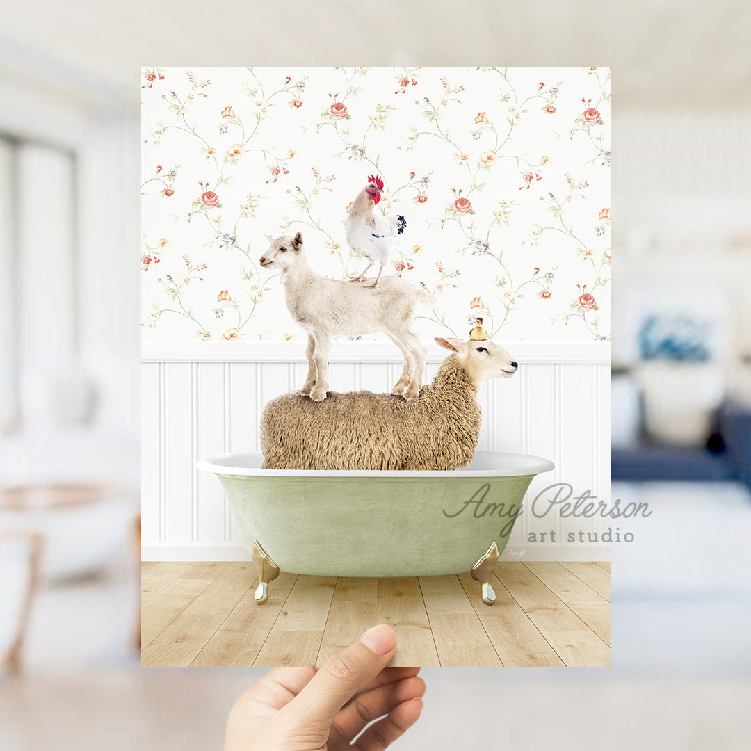 a person holding up a card with a sheep on top of a bathtub