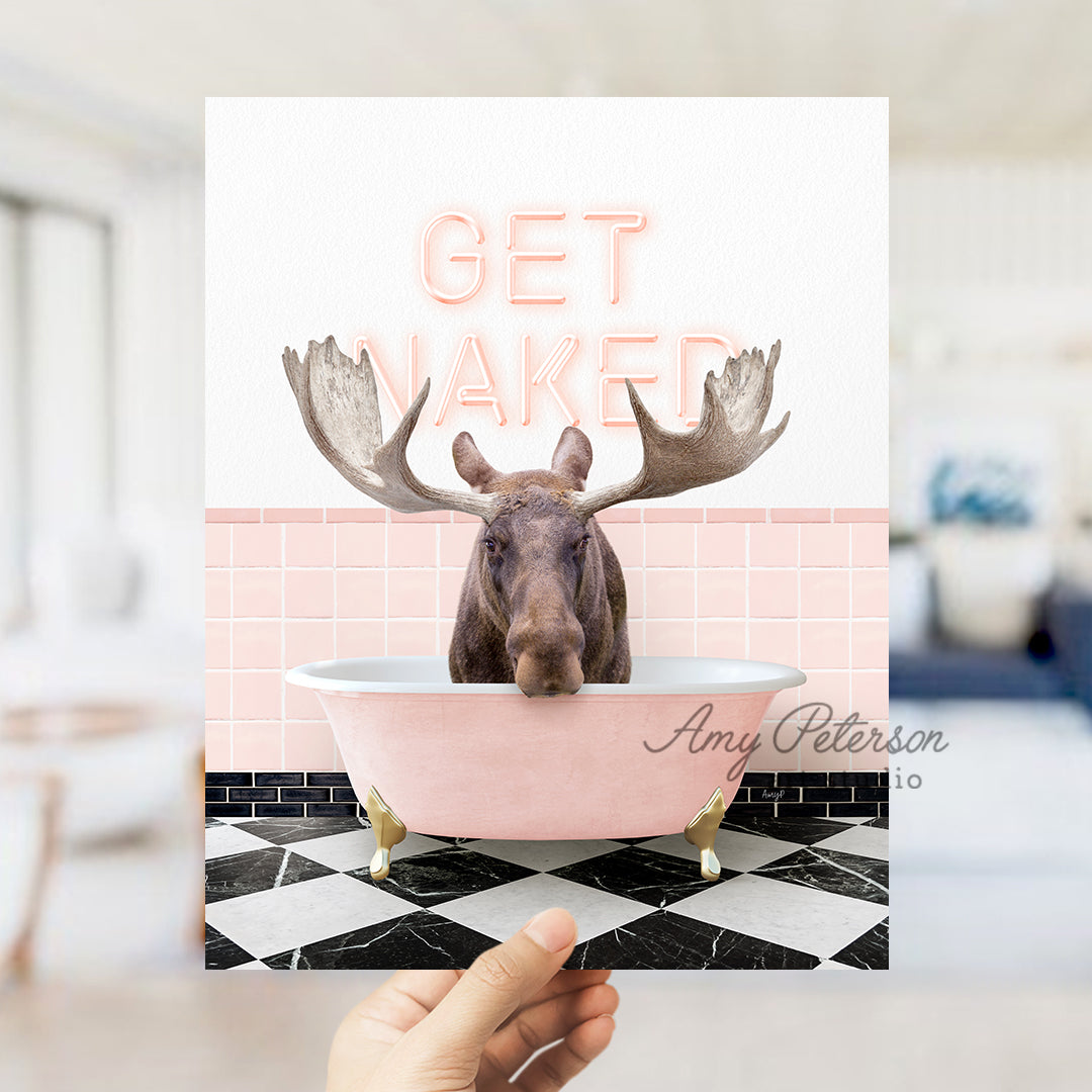 a person holding up a card with a picture of a moose in a bathtub