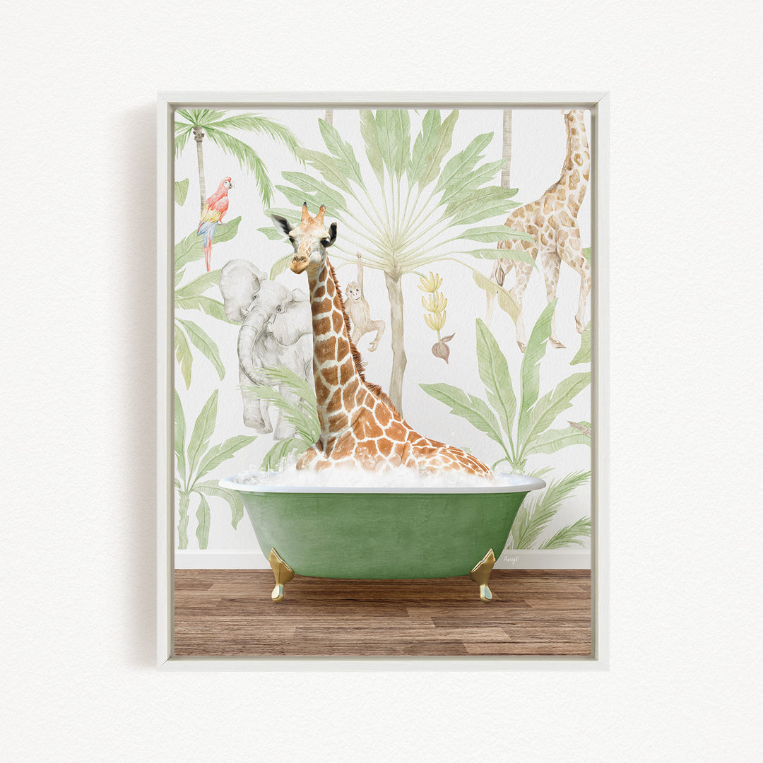 A giraffe sitting in a green bathtub, surrounded by tropical foliage and other animals, creating a whimsical and playful scene.
