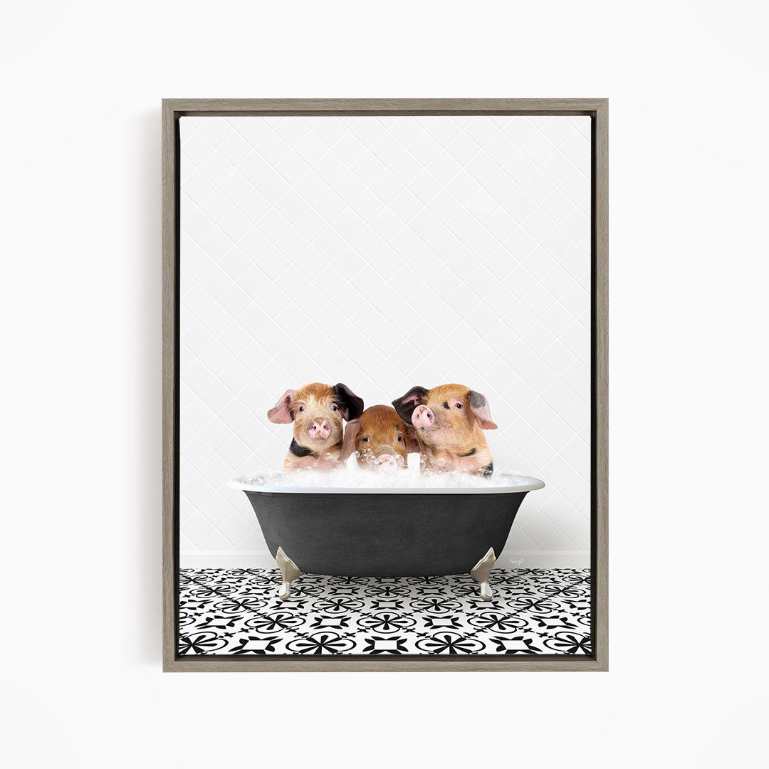 Three adorable pigs sitting in a black bathtub filled with water, creating a playful and whimsical scene.