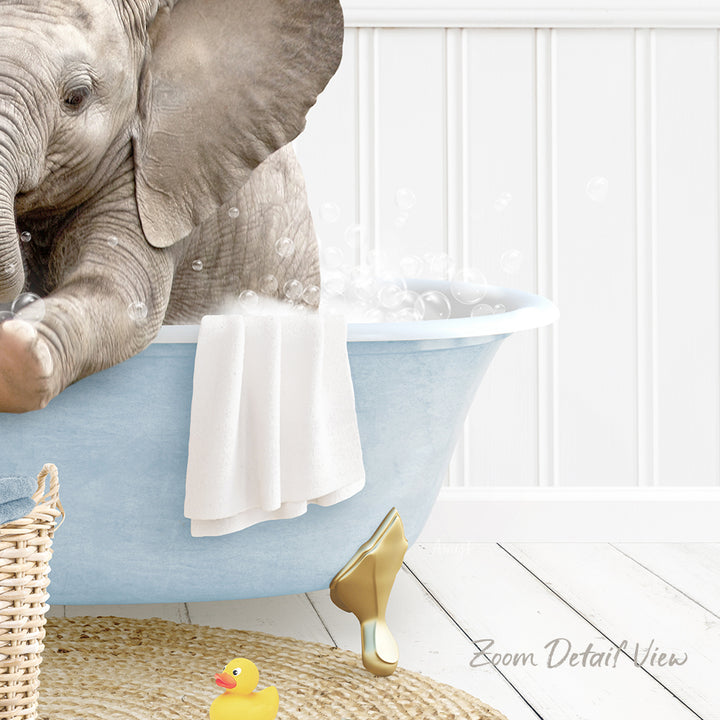 A baby elephant sitting in a blue bathtub, surrounded by bubbles and a towel, with a yellow rubber duck nearby.