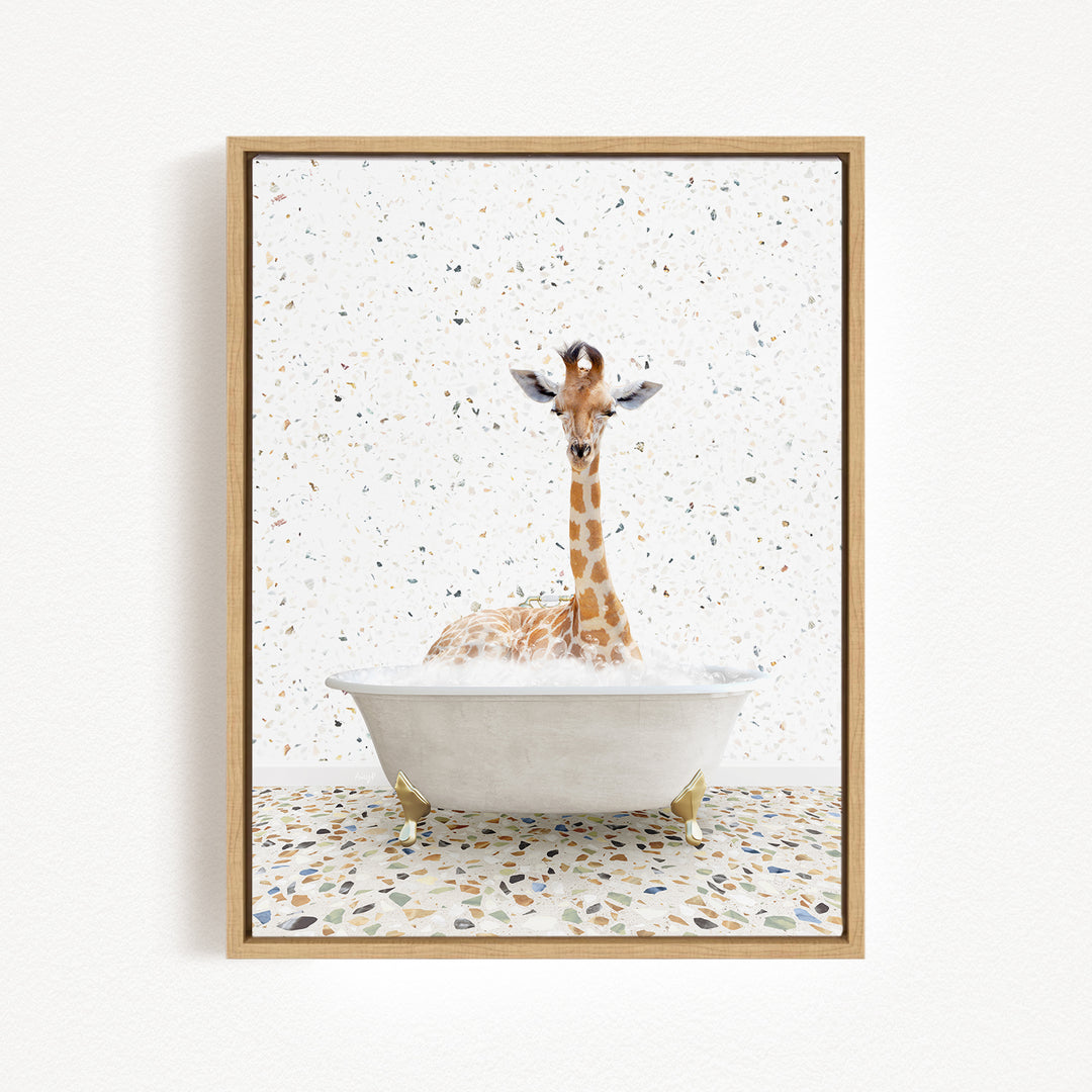 A giraffe sitting in a bathtub filled with water, surrounded by a speckled background.