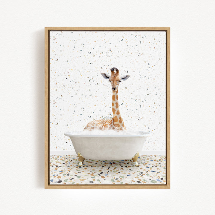 A giraffe sitting in a bathtub filled with water, surrounded by a speckled background.