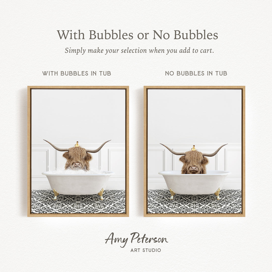 The image is a collage of two framed pictures, each depicting a bull with horns in a bathtub. The bull in the tub has bubbles, while the bull in the tub without bubbles is depicted in a plain white bathtub.