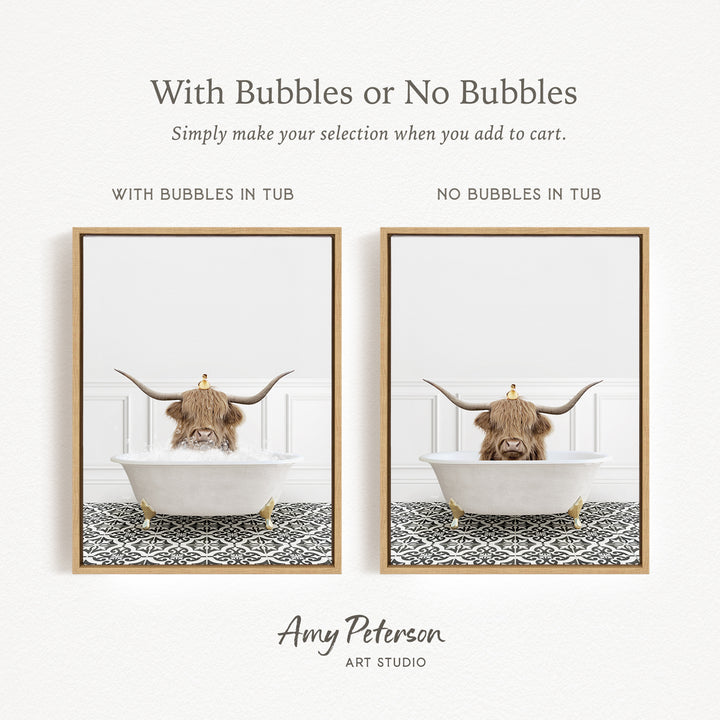 The image is a collage of two framed pictures, each depicting a bull with horns in a bathtub. The bull in the tub has bubbles, while the bull in the tub without bubbles is depicted in a plain white bathtub.