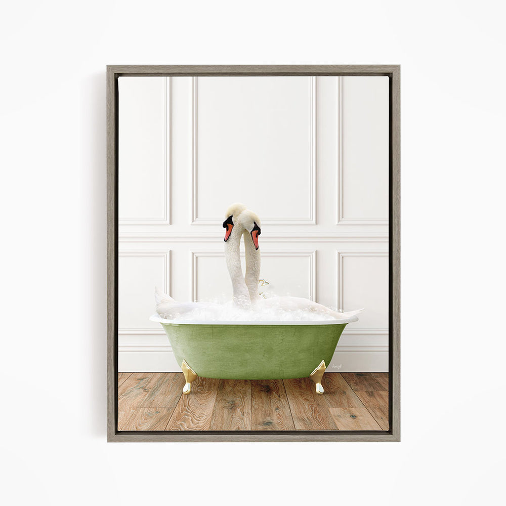 A pair of swans sitting in a green bathtub filled with bubbles, creating a whimsical and playful scene.