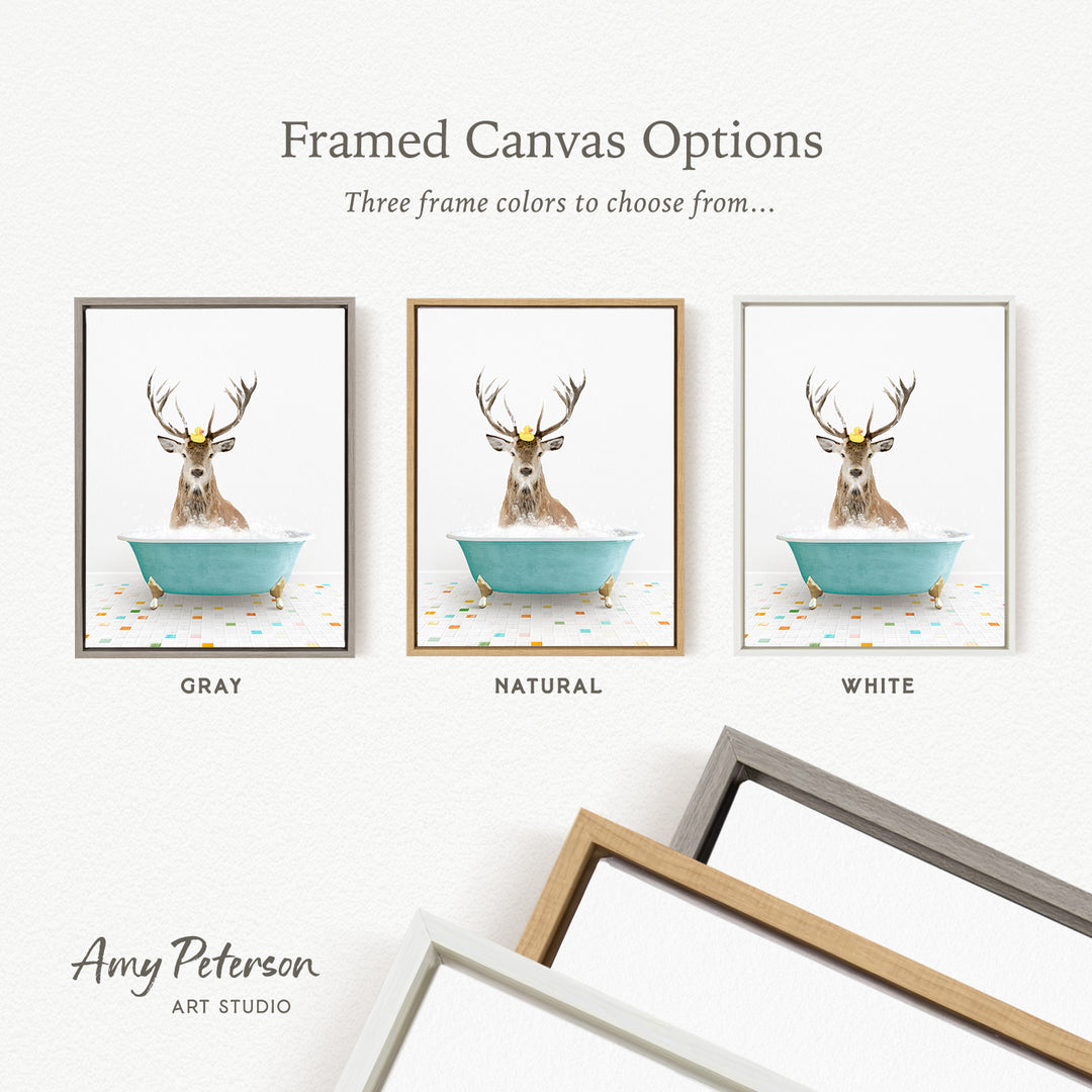three framed canvas options featuring a deer in a bathtub, each with a different frame color: gray, natural, and white.
