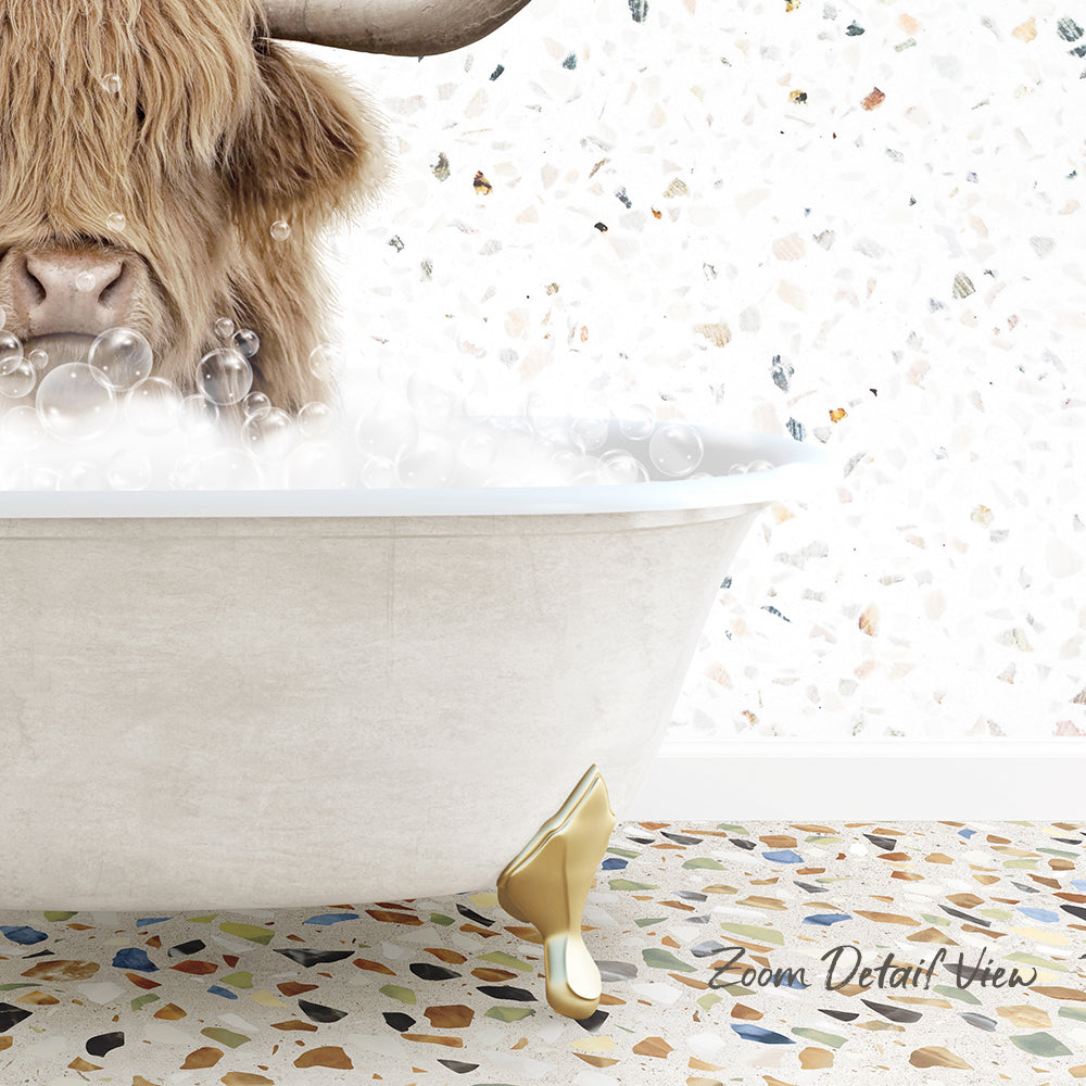 A close-up of a cow's head submerged in a bathtub filled with bubbles, with a text overlay that reads "Zoom Detailed View".