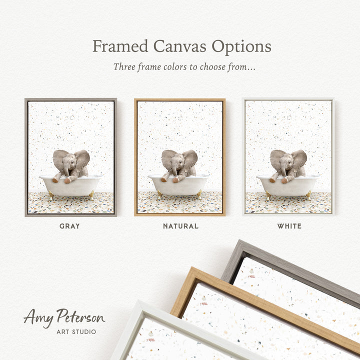 three framed canvas options, each featuring a different color: gray, natural, and white. The text above the images reads " Framed Canvas Options" and "Three frame colors to choose from...". The bottom of the image includes the text " Amy Peterson ART STUDIO".