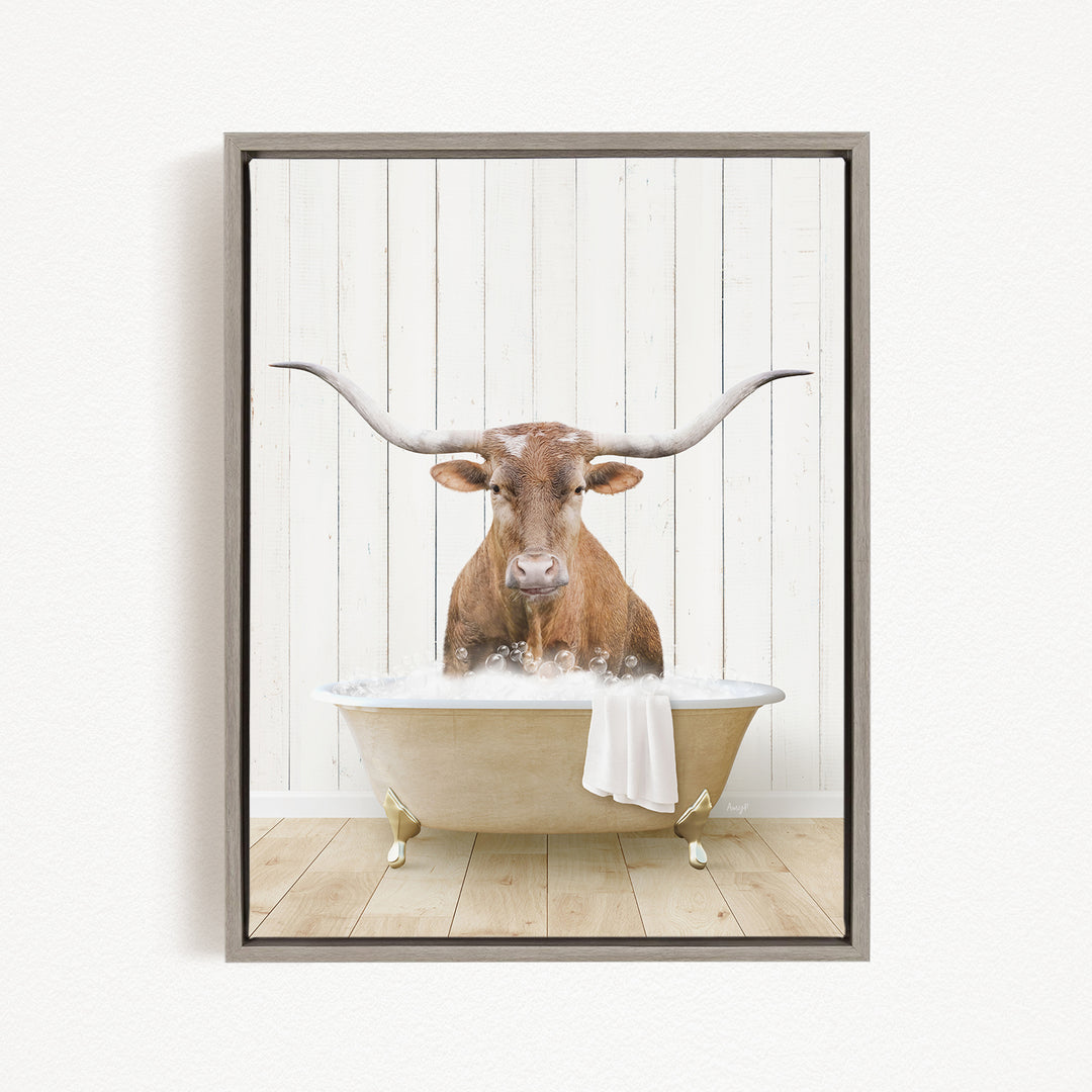 A brown steer with large horns is sitting in a bathtub filled with water, creating a whimsical and humorous scene.