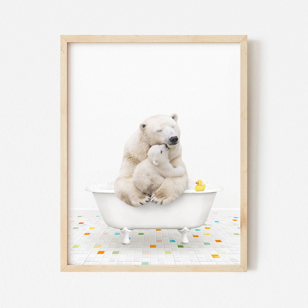 a polar bear and her cub in a bathtub