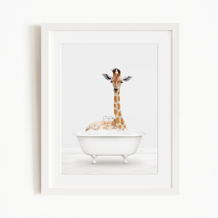 A giraffe sitting in a white bathtub filled with water, creating a whimsical and playful scene.