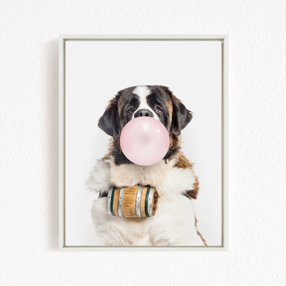 A Saint Bernard dog is blowing a bubble with a pink bubble gum bubble wand, wearing a wooden barrel around its neck.