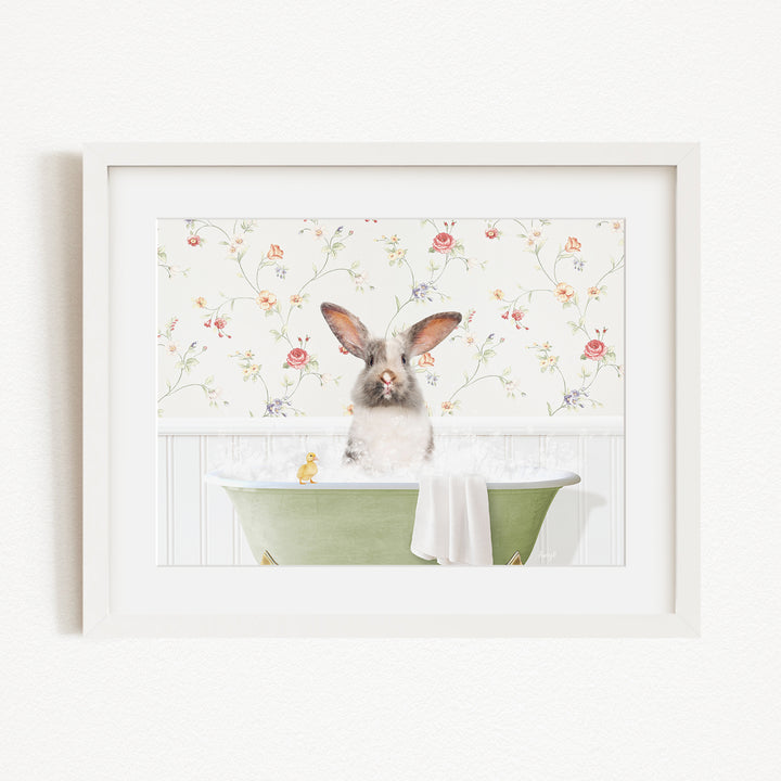 A white rabbit sitting in a green bathtub filled with water, surrounded by a floral wallpaper.