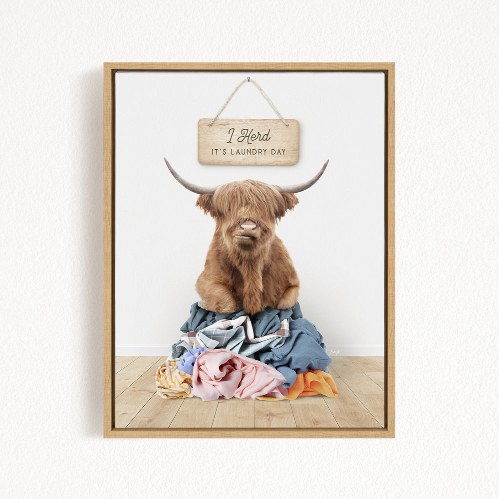 A framed image of a Highland cow with large horns sitting atop a pile of laundry, with a sign above that says "I herd it's laundry day".