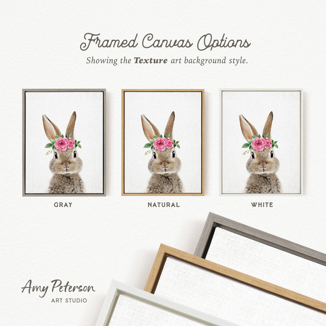 three framed prints of a rabbit with a floral crown, each in a different color frame style: gray, natural, and white.