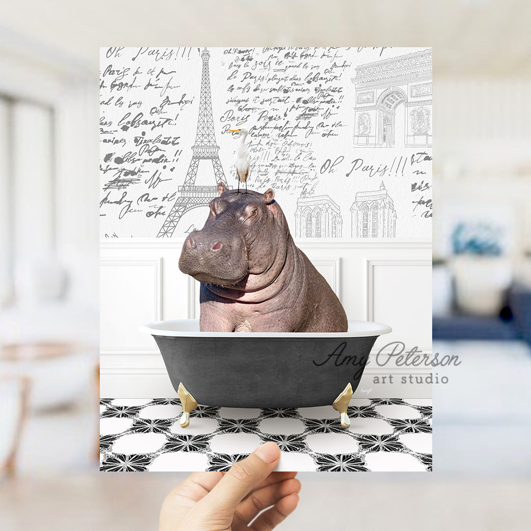 a hippo in a bathtub with a crown on its head