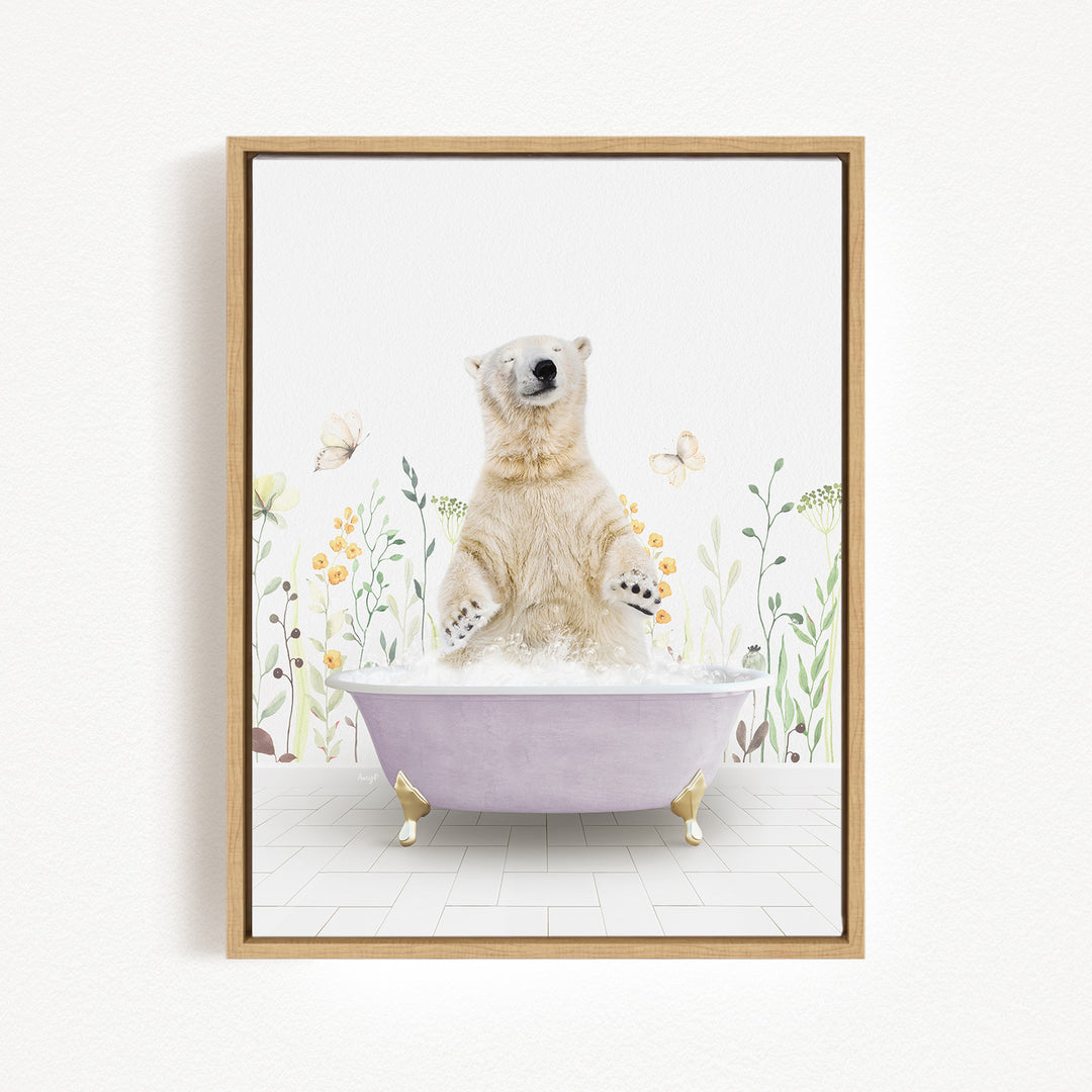 A polar bear sitting in a bathtub filled with bubbles, surrounded by flowers and butterflies.