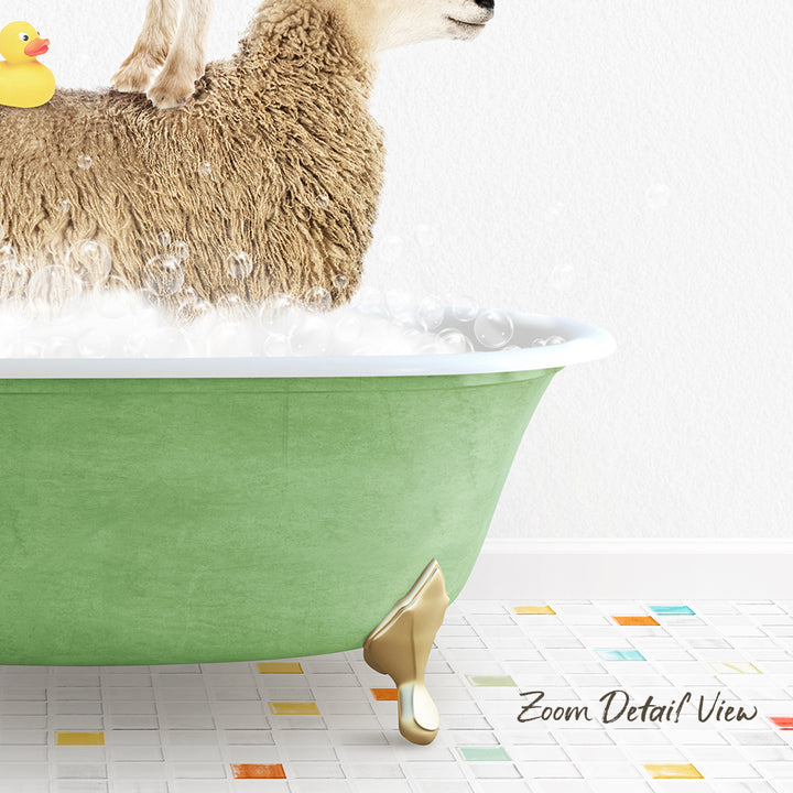 A fluffy brown sheep is sitting in a green bathtub filled with bubbles, with a rubber duck floating on its back.