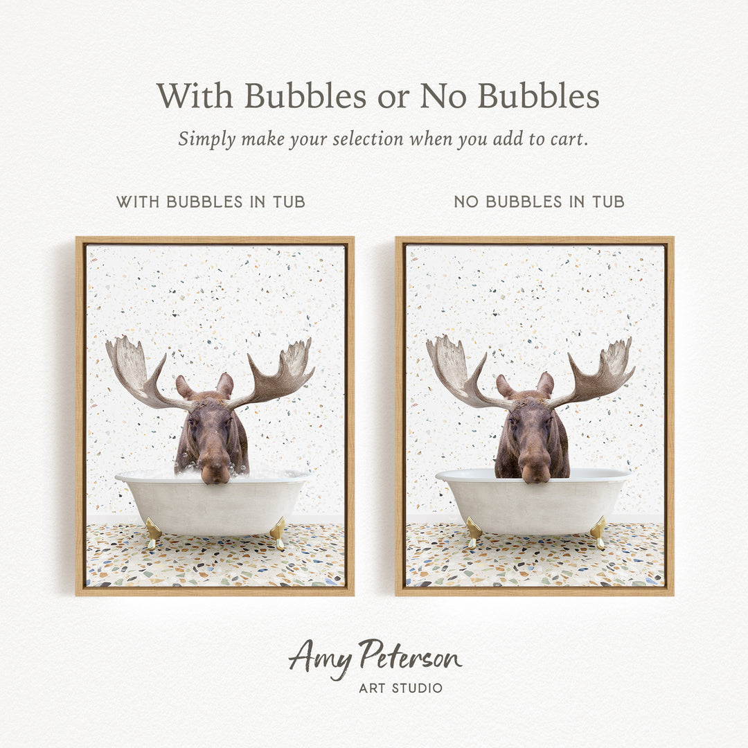 The image is a collage of two framed pictures, each featuring a moose in a bathtub. The moose in the bathtub has large antlers, and the other moose in the bathtub does not have antlers. The collage is titled "With Bubbles or No Bubbles" and is created by Amy Peterson from Art Studio.