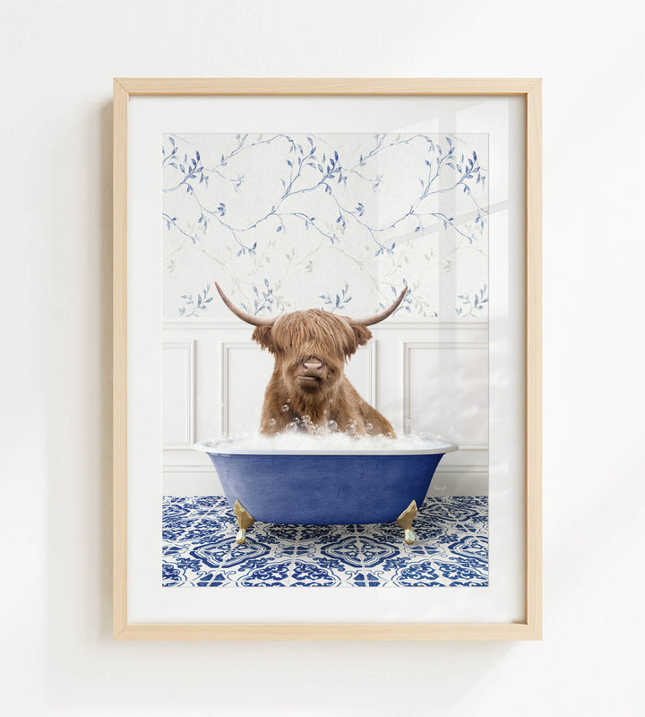 A brown cow with long horns is sitting in a blue bathtub filled with water, surrounded by a blue and white patterned floor.