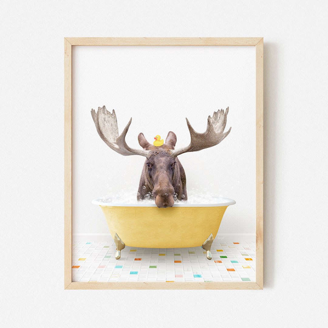 a moose in a bathtub with a rubber duck in it's mouth