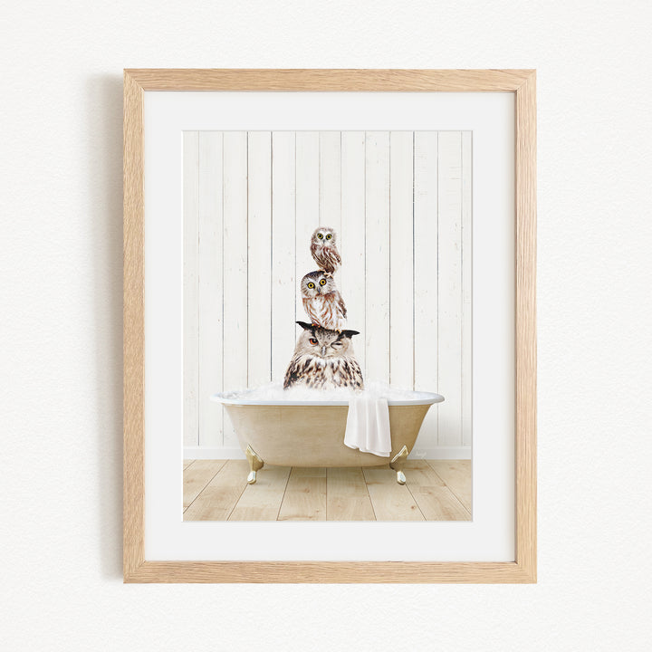 A framed image depicting a group of owls sitting in a bathtub, with one owl perched on top of the others.