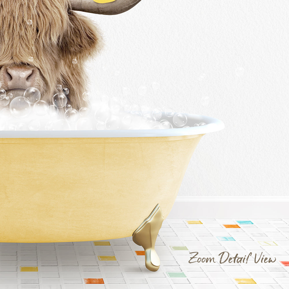 A large, yellow bathtub filled with bubbles, with a cow's head submerged in the water.