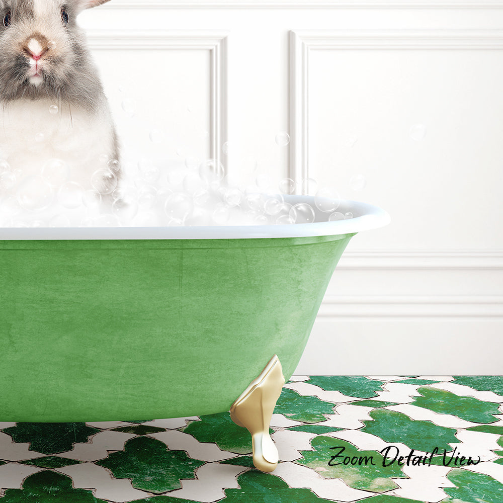 A small rabbit is sitting in a green bathtub filled with bubbles, with a patterned tile floor in the foreground.
