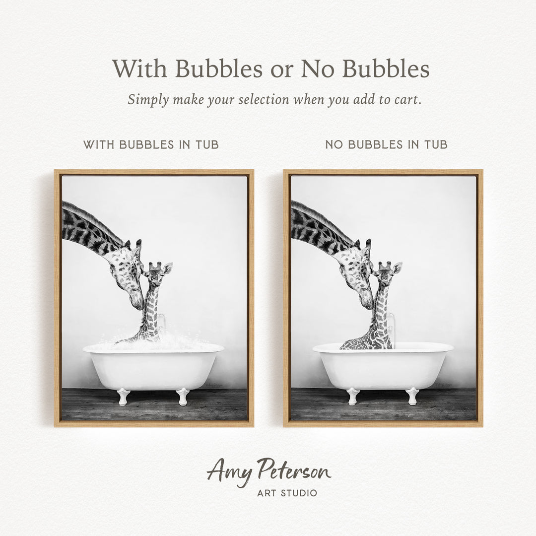 The image is a black and white photograph of two giraffes in a bathtub, with one giraffe having bubbles and the other not. The text above the image reads "With Bubbles or No Bubbles Simply make your selection when you add to cart."