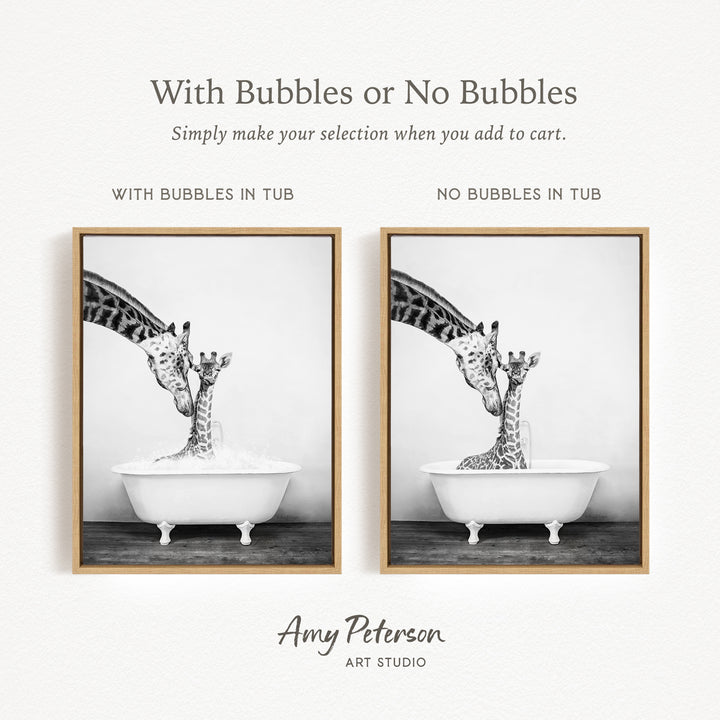 The image is a black and white photograph of two giraffes in a bathtub, with one giraffe having bubbles and the other not. The text above the image reads "With Bubbles or No Bubbles Simply make your selection when you add to cart."