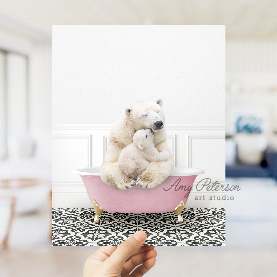 a person holding a polar bear in a bathtub