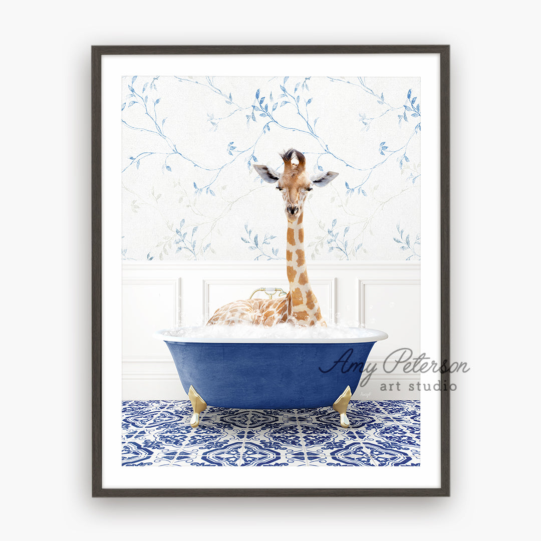 a giraffe is taking a bath in a blue bathtub