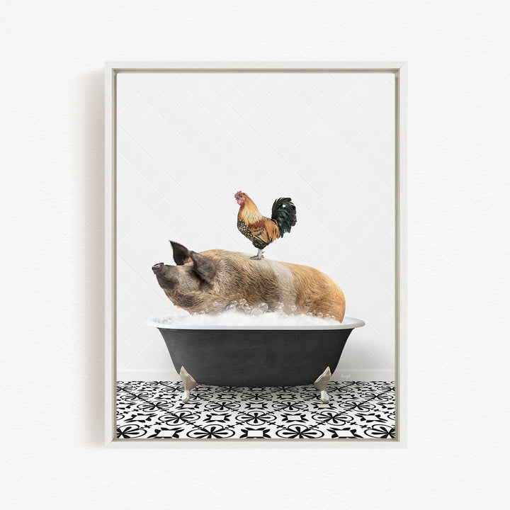 A rooster sits atop a pig in a bathtub filled with water, creating a whimsical and amusing scene.