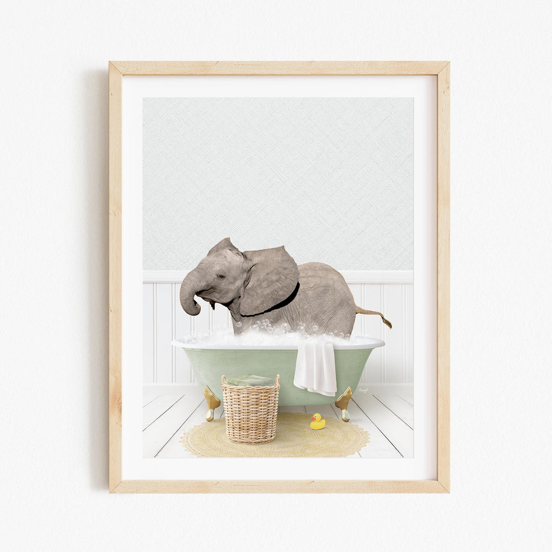 A gray elephant is sitting in a green bathtub filled with water, surrounded by rubber ducks.