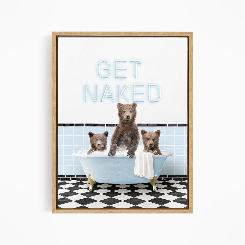 A framed image depicting three bears sitting in a bathtub, with the text "GET NAKED" displayed above them.