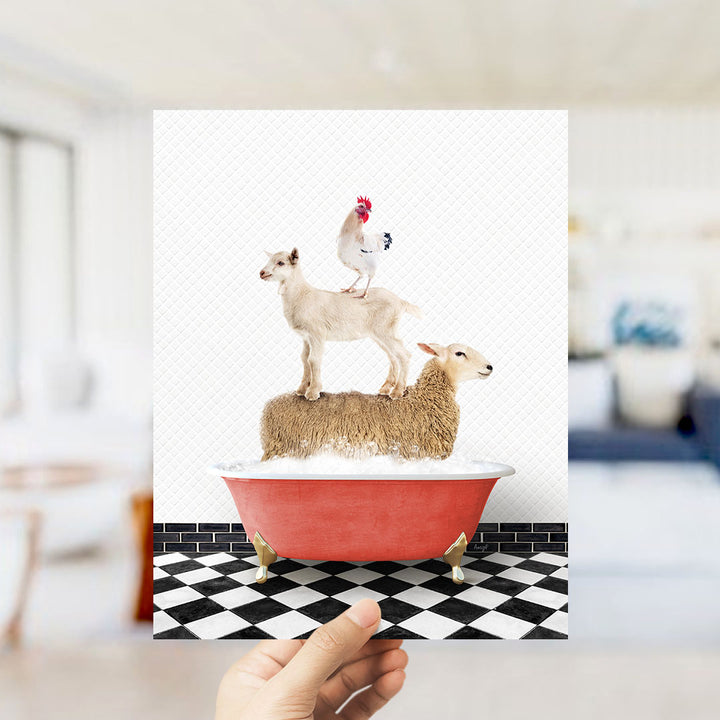 A hand holds up a collage of images depicting a goat standing on a sheep's back while a chicken sits on top of a sheep in a bathtub.