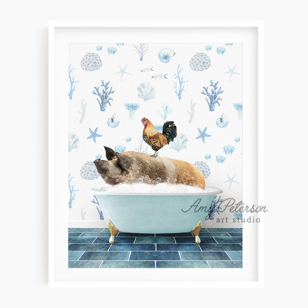 a painting of two dogs in a bathtub