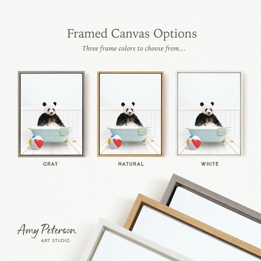 three framed canvas options, each featuring a panda bear in a bathtub with different colored towels. The options include a gray frame, a natural frame, and a white frame.
