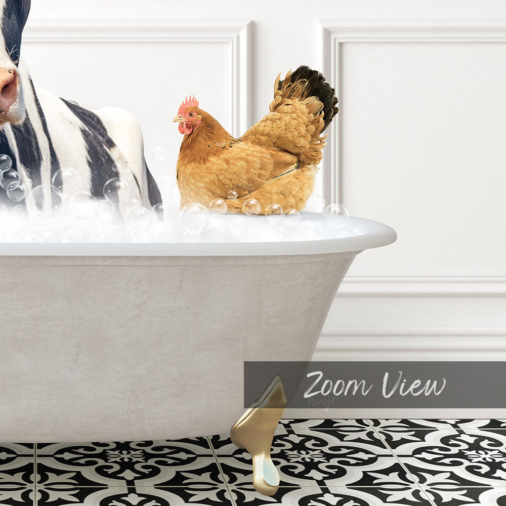 A chicken is sitting in a bathtub filled with bubbles, while a black and white zebra is standing nearby.
