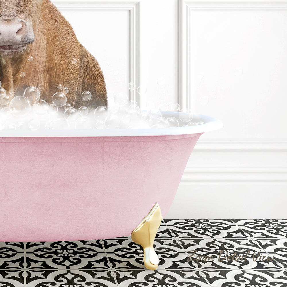 A brown dog is standing in a pink bathtub filled with bubbles, with a black and white patterned floor in the background.