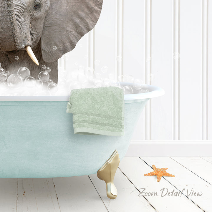 A large elephant is taking a bath in a light blue bathtub, surrounded by bubbles, with a towel and starfish nearby.