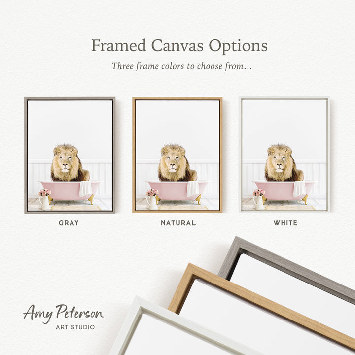 three framed canvas options, each with a different color: gray, natural, and white. The text above the images reads " Framed Canvas Options" and "Three frame colors to choose from...". The text below the images reads "Grays", "Naturals", and "Whites". The artist's name, Amy Peterson, is also mentioned at the bottom of the image.