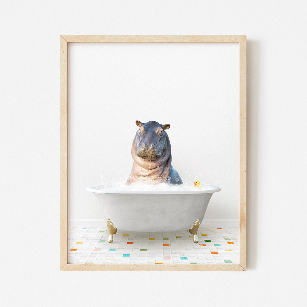 a hippo is sitting in a bathtub with water in it