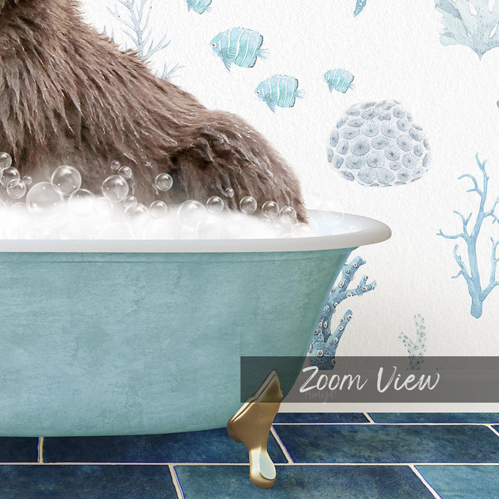 A close-up of a dog's paw submerged in a bathtub filled with bubbles, with a backdrop of blue and white marine life.