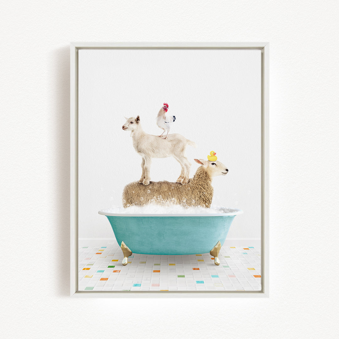 A sheep standing on a tub filled with bubbles, with a chicken perched on top and a lamb sitting on the tub's edge.