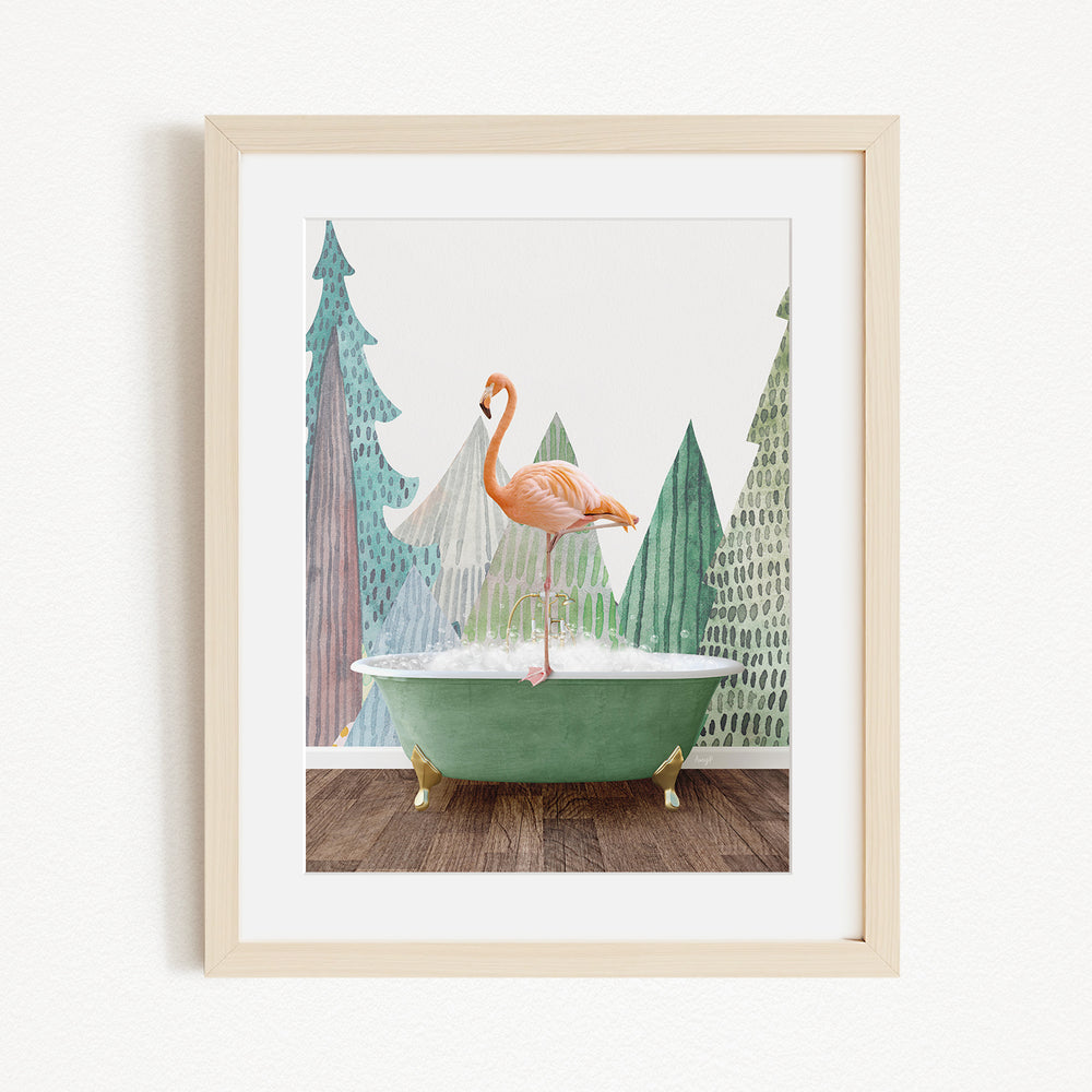 A pink flamingo standing in a green bathtub, surrounded by a forest-like background with trees and pine trees.