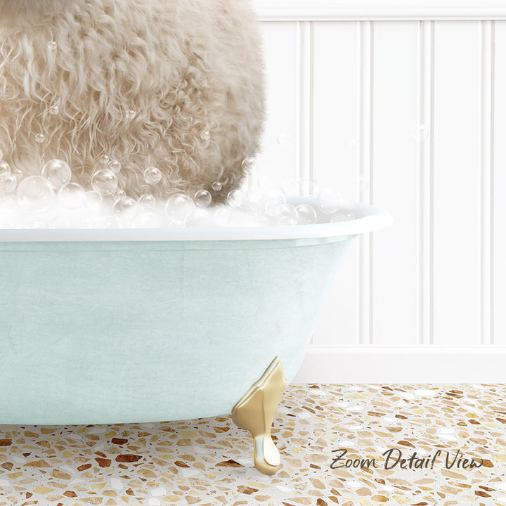 A fluffy white dog is sitting in a light blue bathtub filled with bubbles, with a text overlay that reads "Zoom Detail View".