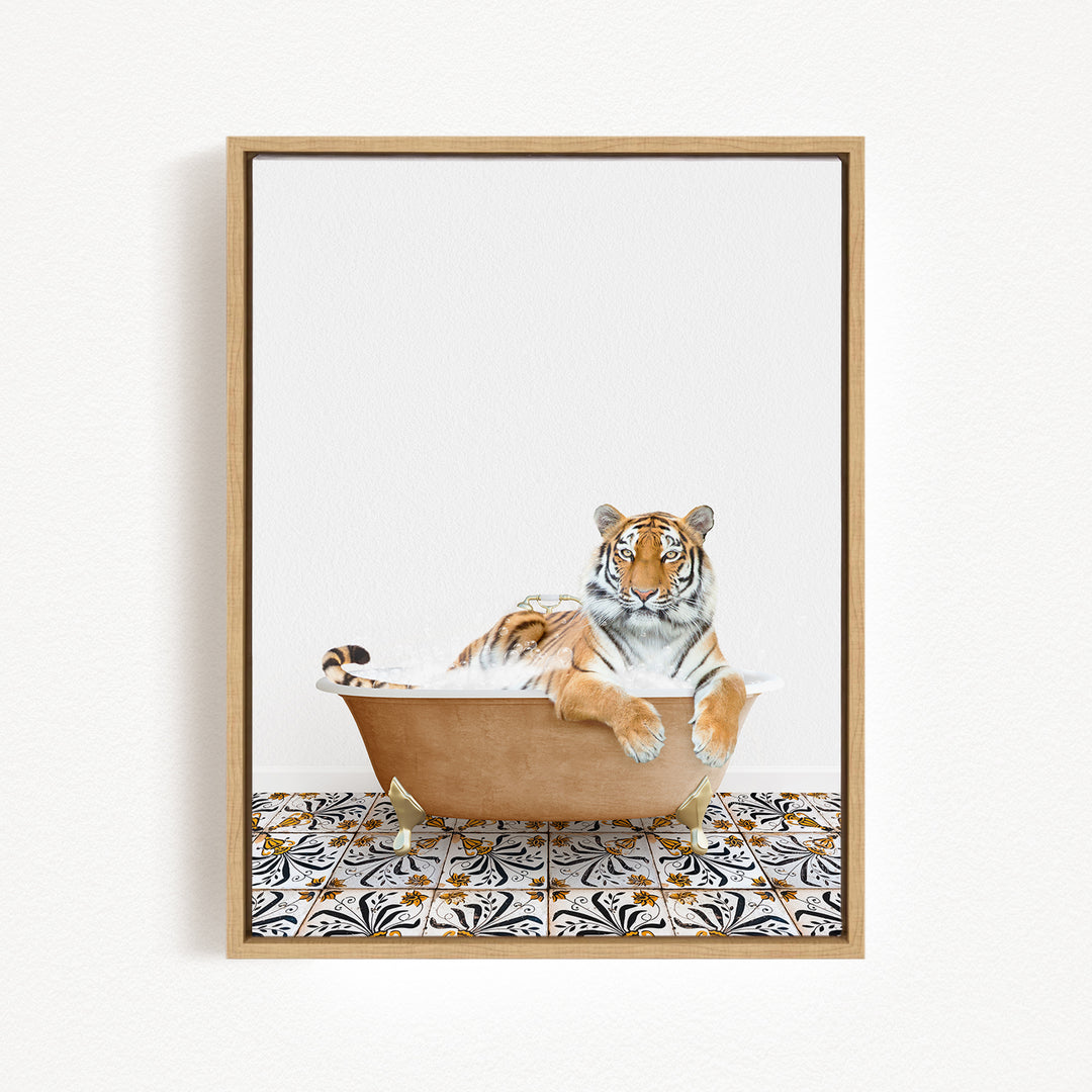 A tiger is sitting in a bathtub filled with water, surrounded by a patterned tile floor.