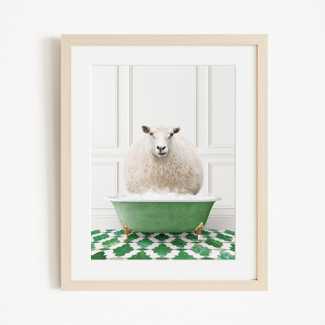 A fluffy white sheep sits in a green bathtub filled with bubbles, surrounded by a green and white patterned rug.